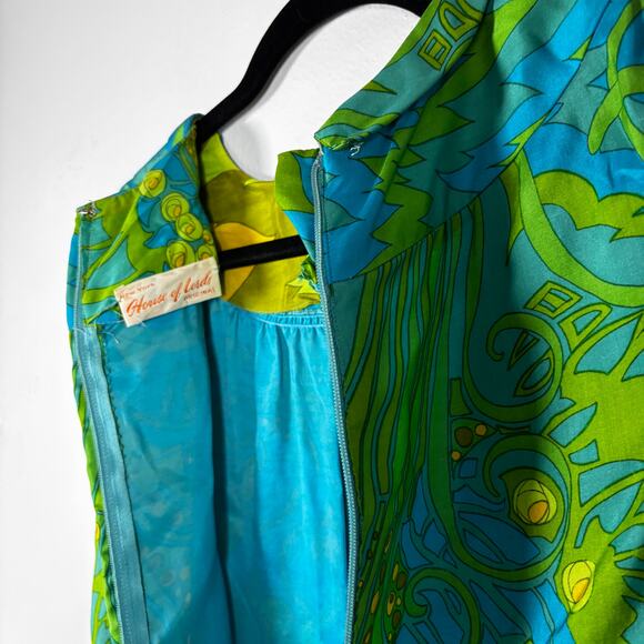 Vintage 1960s Psychedelic Shift Dress Blue Green Yellow Floral Tropical Print - Picture 11 of 16